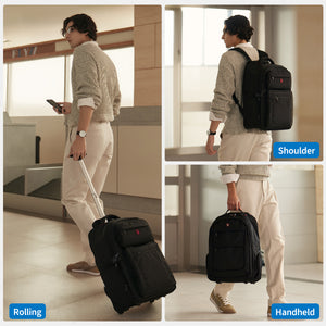 Three ways to carry: shoulder, rolling, or hand — all with the EXPLORER backpack.