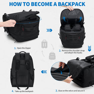 Four-step visual guide showing how the EXPLORER rolling backpack transforms from wheeled luggage with telescopic handle into a comfortable backpack.