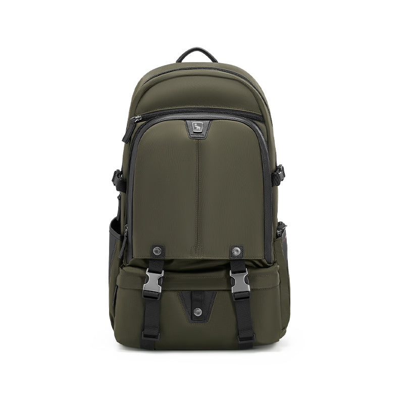OIWAS TRIUMPH waterproof travel backpack in urban setting, featuring sleek green design, front organizer pockets