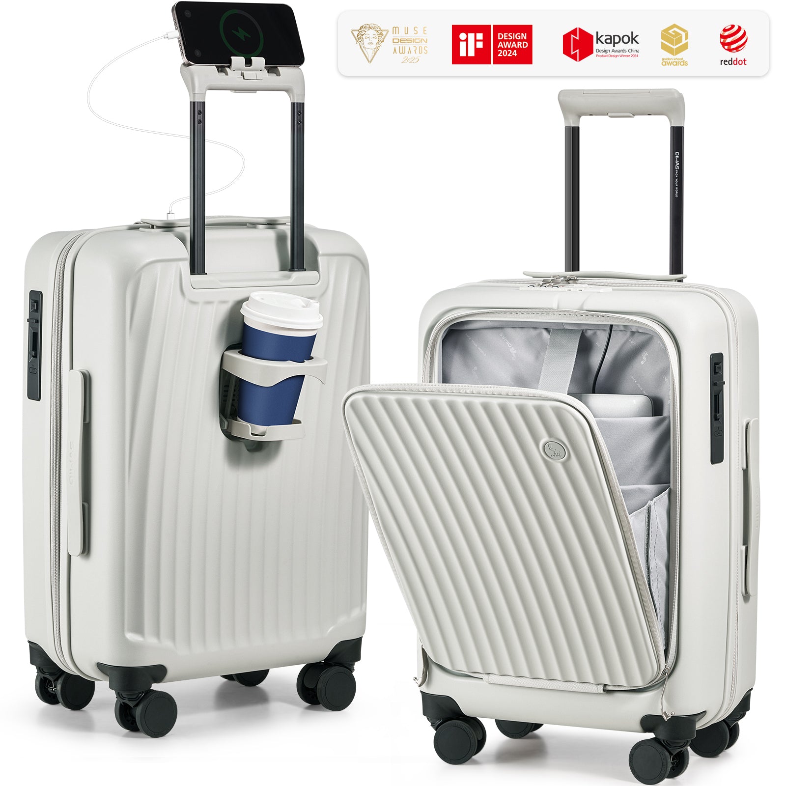 OIWAS SMOOTH Series 20-inch white front-opening carry-on luggage in matte finish, featuring full-zip front panel for fast access to essentials.