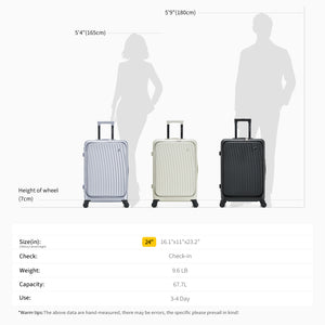 OIWAS SMOOTH Series Front Opening 24" check-in Luggage: size 16.1" × 11" × 23.2", weight 9.5LB, capacity 67.7L