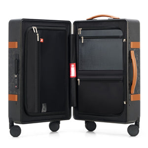 Open interior of TIMELESS carbon fiber carry-on showing premium anti-microbial lining, Dry and wet separation, and and organized packing compartments.