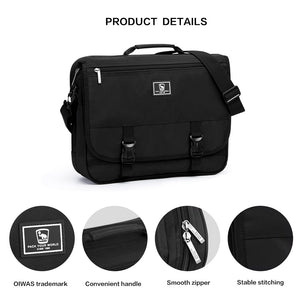 OIWAS black 15.6 inch messenger bag holding laptop with double-flap closed