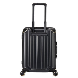 Rear view of black CLAD suitcase highlighting trolley sleeve for hands-free airport mobility.