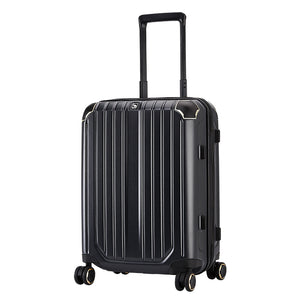 Sleek black OIWAS CLAD 20-inch carry-on suitcase standing upright with telescopic handle extended, ideal for long-haul travel.