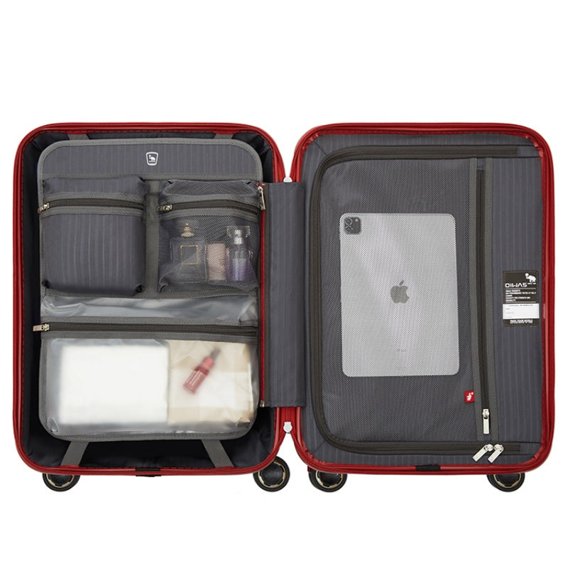 Interior of OIWAS CLAD luggage lined with soft, anti-microbial fabric made from 100% recycled polyester.