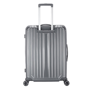 Rear of sliver OIWAS CLAD carry-on with trolley sleeve for hands-free travel and reinforced telescopic handle base