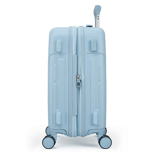 Side view of OIWAS blue carry-on showing 5cm expansion zipper and sleek 3D vertical lines for extra packing space.