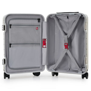Open interior of Horizon X aluminum carry-on luggage with wet and dry separation compartment, compression straps, and storage space.