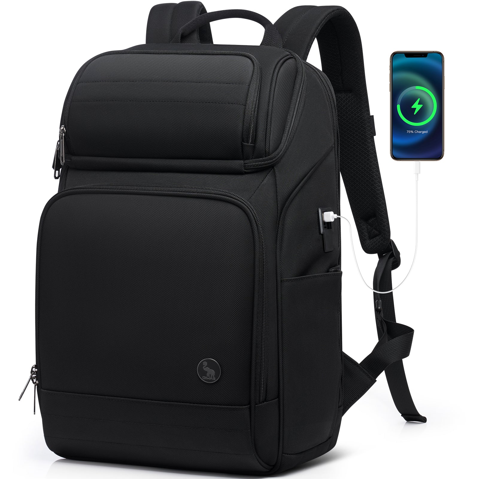 OIWAS laptop backpack in charcoal black, worn by a person commuting in urban setting, featuring USB charging port on side, padded shoulder straps, and front organizer pocket