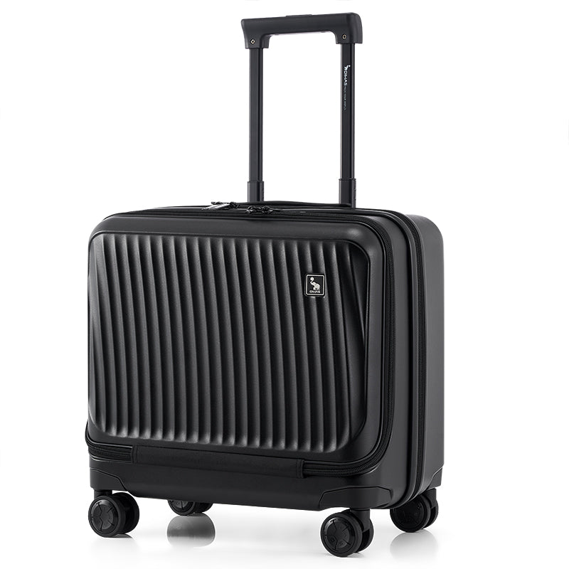 OIWAS SMOOTH Series 18" front-opening black carry-on luggage in matte finish, featuring full-zip front panel for fast access to essentials.