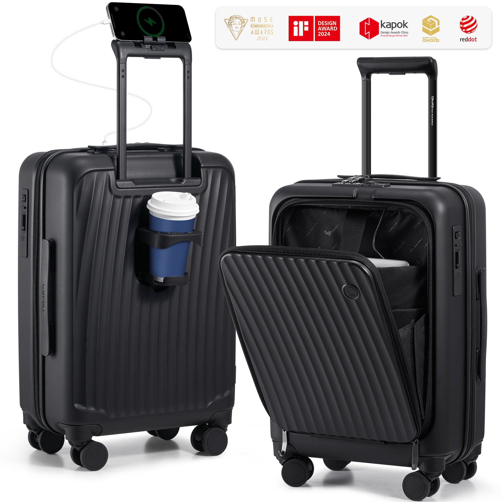 OIWAS SMOOTH Series 20-inch black front-opening carry-on luggage in matte finish, featuring full-zip front panel for fast access to essentials.