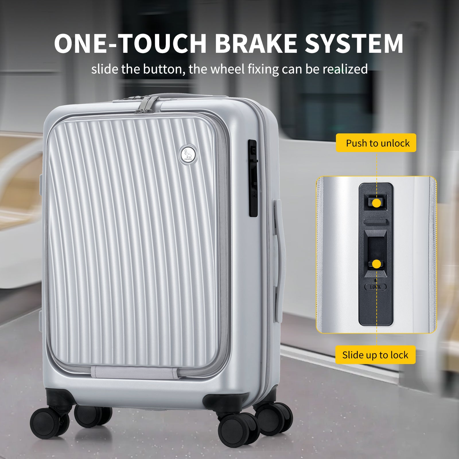 OIWAS SMOOTH Series 20-inch front-opening carry-on luggage,design with one-touch brake system, slide the button, the wheel fixing can be realised