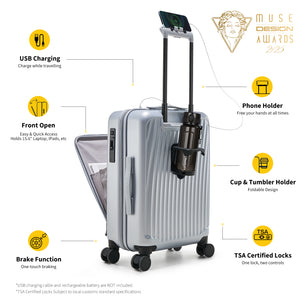 OIWAS SMOOTH Series 20-inch multifunctional suitcase: USB charging, front opening, brake function, with phone holder,
TSA lock, MUSE Design Award