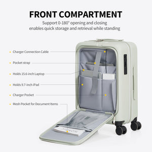OIWAS SMOOTH Series Front Opening 20” white Carry On Luggage: support 0-180° opening and closing, enable quick stoge and retrieval while standing