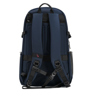 OIWAS TRIUMPH waterproof travel backpack in urban setting, featuring anti-theft cli, and trolley pass-through strap.