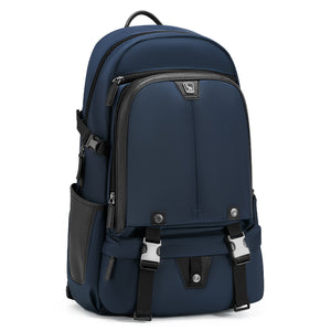 OIWAS TRIUMPH waterproof travel backpack in urban setting, featuring sleek blue design, front organizer pockets, and trolley pass-through strap.