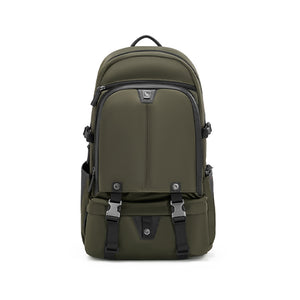 OIWAS TRIUMPH waterproof travel backpack in urban setting, featuring sleek green design, front organizer pockets