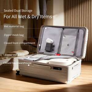 OIWAS trunk suitcase open view showing wet-dry separation compartment with waterproof divider for organized packing