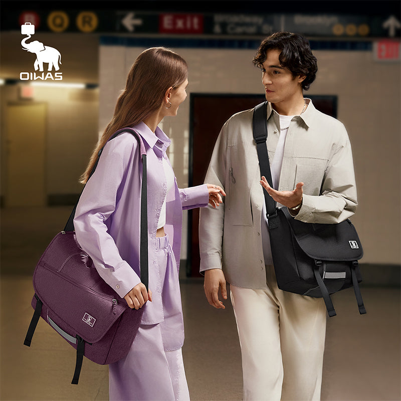 Stylish OIWAS waterproof messenger bag worn by young traveler in the city — combining fashion, function, and weather-ready durability.