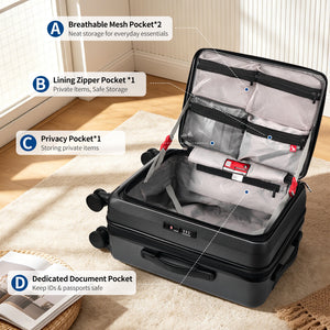 Interior of OIWAS black 20 inch hard shell carry on suitcase with organized compartments