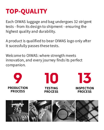OIWAS premium-quality travel collection crafted with durable polycarbonate, YKK zippers, and aerospace-grade aluminum components.