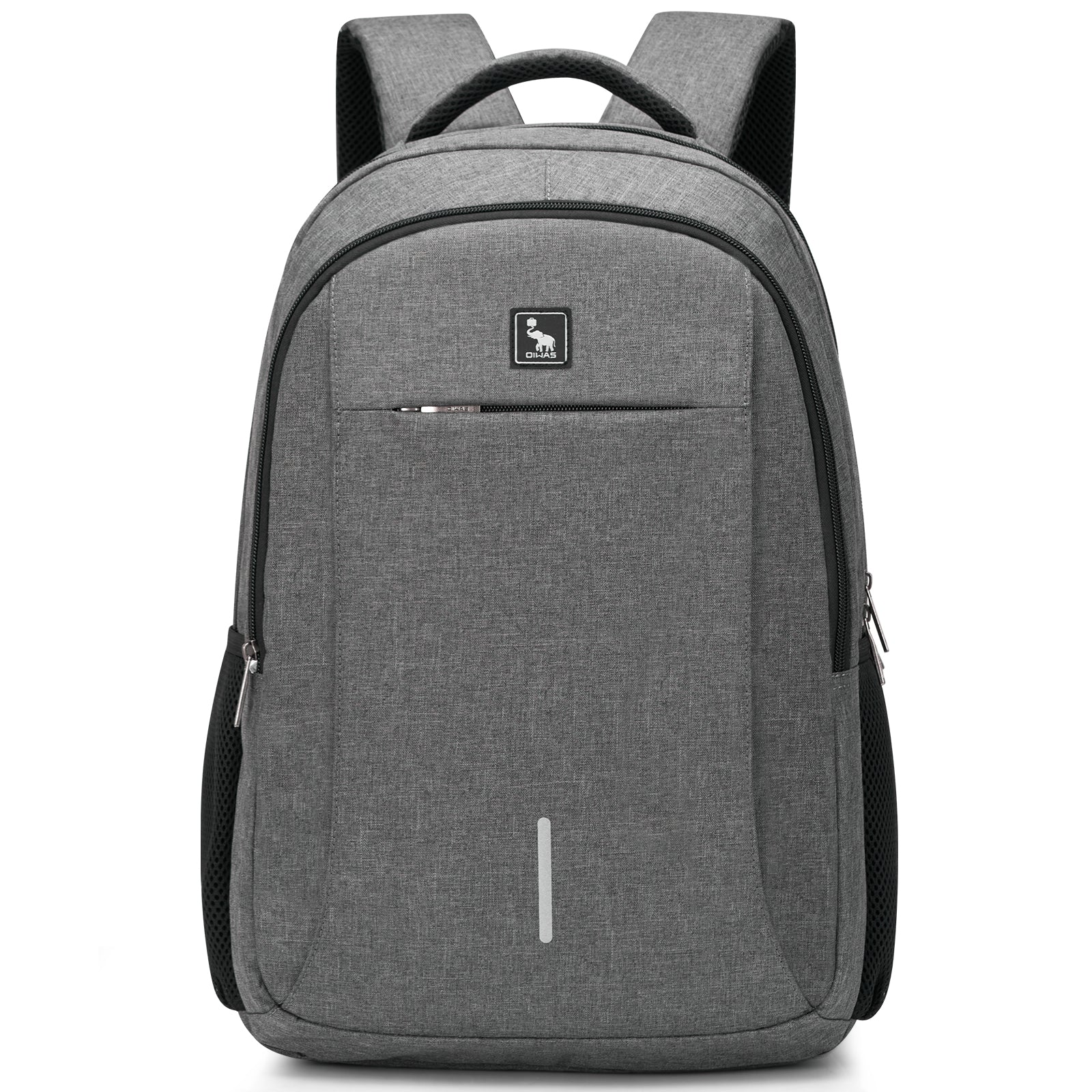 Gray OIWAS 15.6" business laptop backpack with USB charger, water-resistant fabric, and secure anti-theft pocket for commuters.