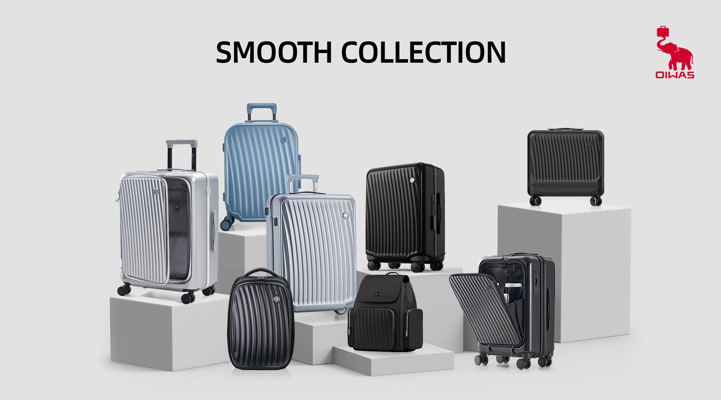 OIWAS Smooth Collection—award-winning hard shell luggage celebrated for front opening, seamless handling, and minimalist design.