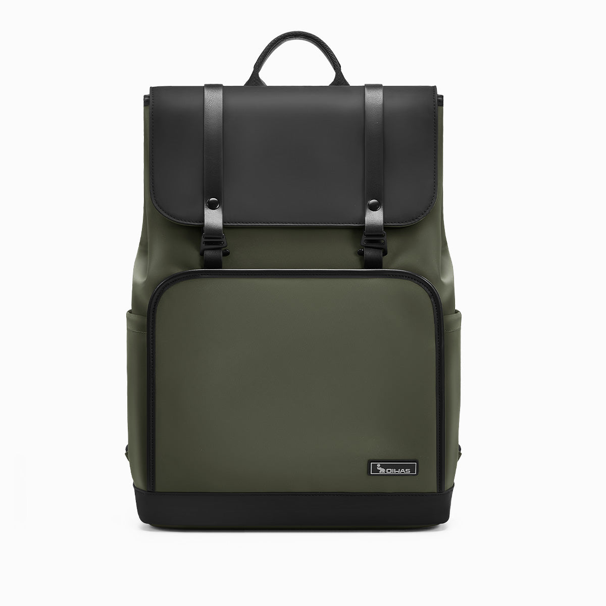 OIWAS VANGUARD 16-inch laptop backpack in an urban setting, featuring a sleek design with front organizer pockets and trolley sleeve for attaching to rolling luggage