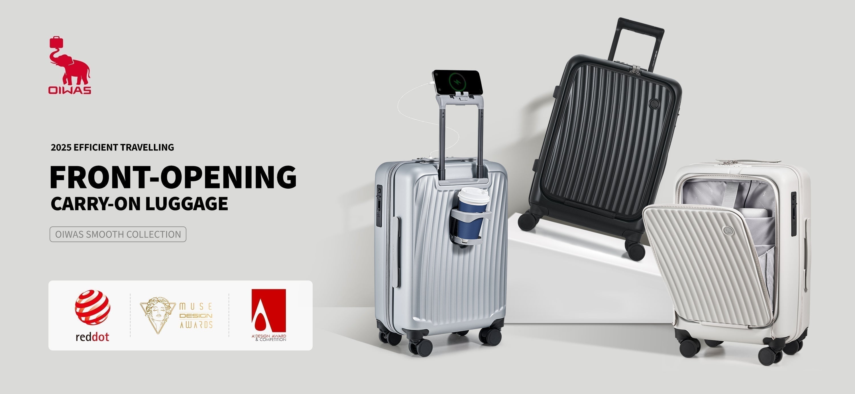 OIWAS front-opening carry-on luggage with laptop compartment – Red Dot Award winner