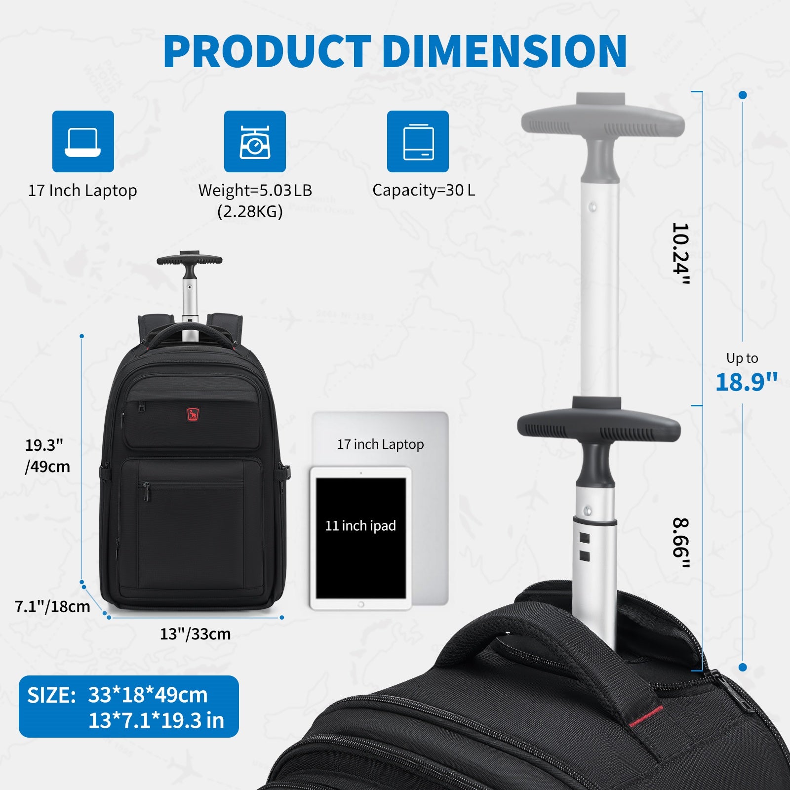 EXPLORER rolling backpack next to 17" laptop-on for size reference