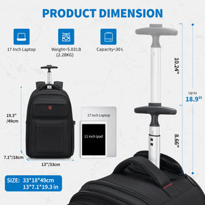 EXPLORER rolling backpack next to 17" laptop-on for size reference