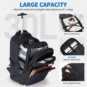 EXPLORER rolling backpack interior showing room for 17.3-inch laptop, notebooks and clothes — perfect for campus or weekend trips.