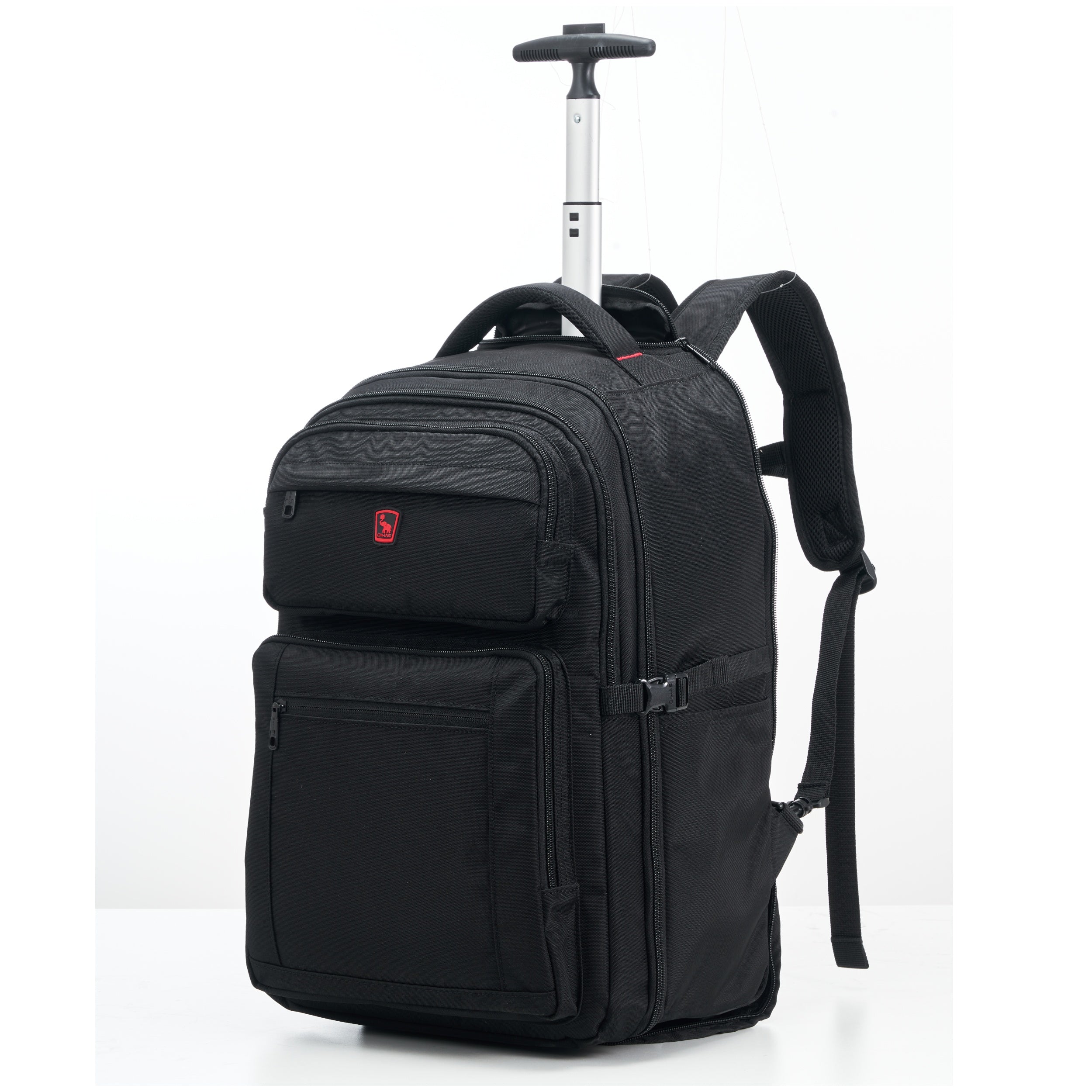 EXPLORER 17.3-inch rolling laptop backpack in black with telescopic handle extended