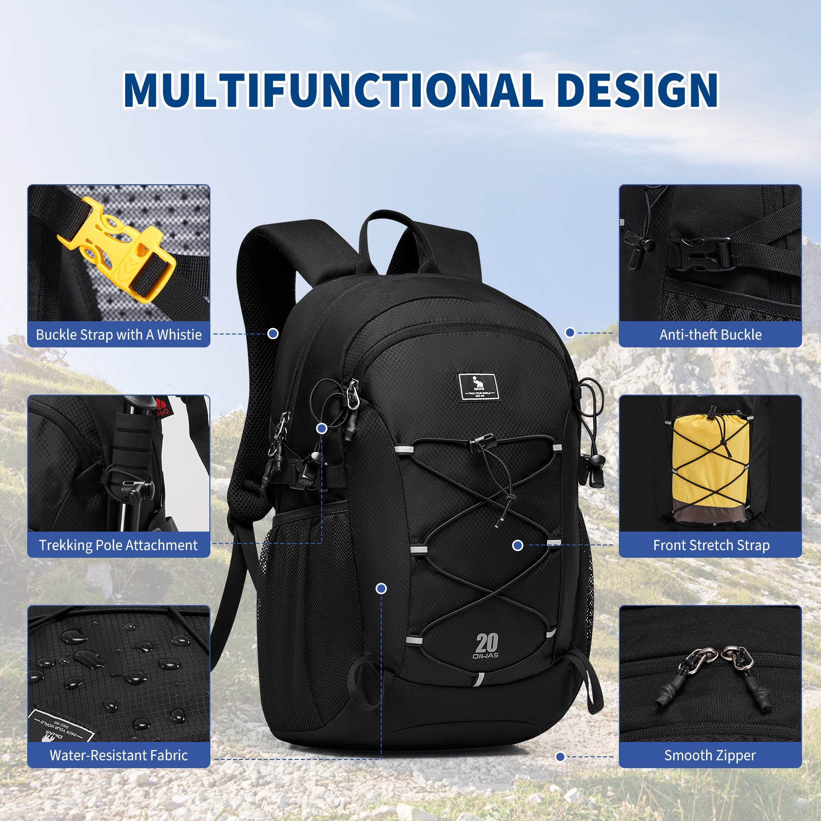 OIWAS EXPLORER backpack mutifunctional design: anti-theft buckle, front stretch strap, smooth zipper, buckle strap with a whistie, trekking pole attachment, water resistant fabric