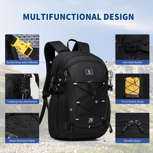 OIWAS EXPLORER backpack mutifunctional design: anti-theft buckle, front stretch strap, smooth zipper, buckle strap with a whistie, trekking pole attachment, water resistant fabric