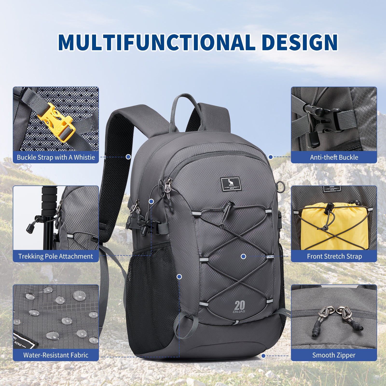 OIWAS EXPLORER backpack mutifunctional design: anti-theft buckle, front stretch strap, smooth zipper, buckle strap with a whistie, trekking pole attachment, water resistant fabric