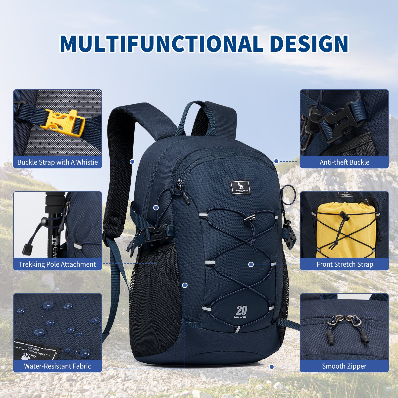 OIWAS EXPLORER backpack mutifunctional design: anti-theft buckle, front stretch strap, smooth zipper, buckle strap with a whistie, trekking pole attachment, water resistant fabric
