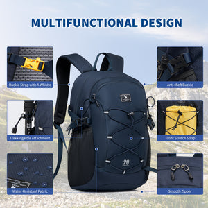 OIWAS EXPLORER backpack mutifunctional design: anti-theft buckle, front stretch strap, smooth zipper, buckle strap with a whistie, trekking pole attachment, water resistant fabric