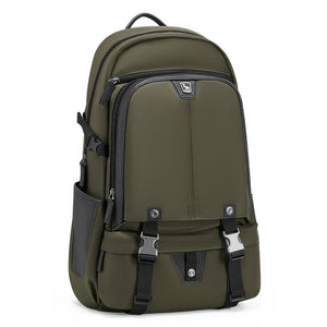 OIWAS TRIUMPH waterproof travel backpack in urban setting, featuring sleek green design, front organizer pockets and anti-theft buckle on the side