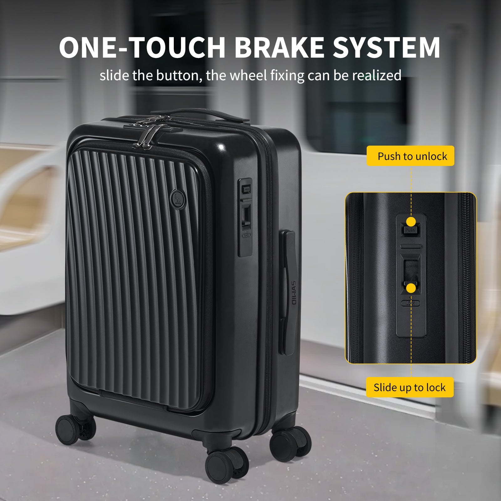 OIWAS SMOOTH Series 20-inch front-opening carry-on luggage,design with one-touch brake system, slide the button, the wheel fixing can be realised