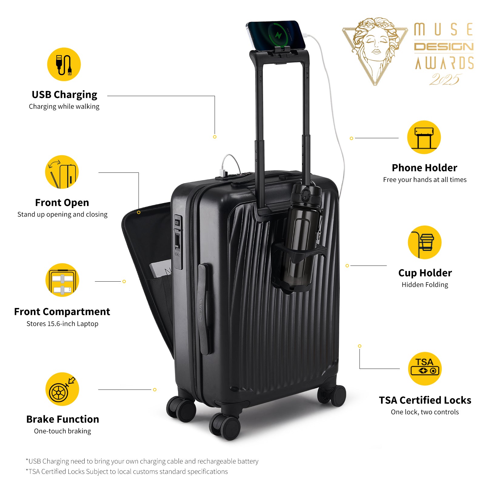 OIWAS SMOOTH Series 20-inch multifunctional suitcase: USB charging, front opening, brake function, with phone holder, 
TSA lock, MUSE Design Award
