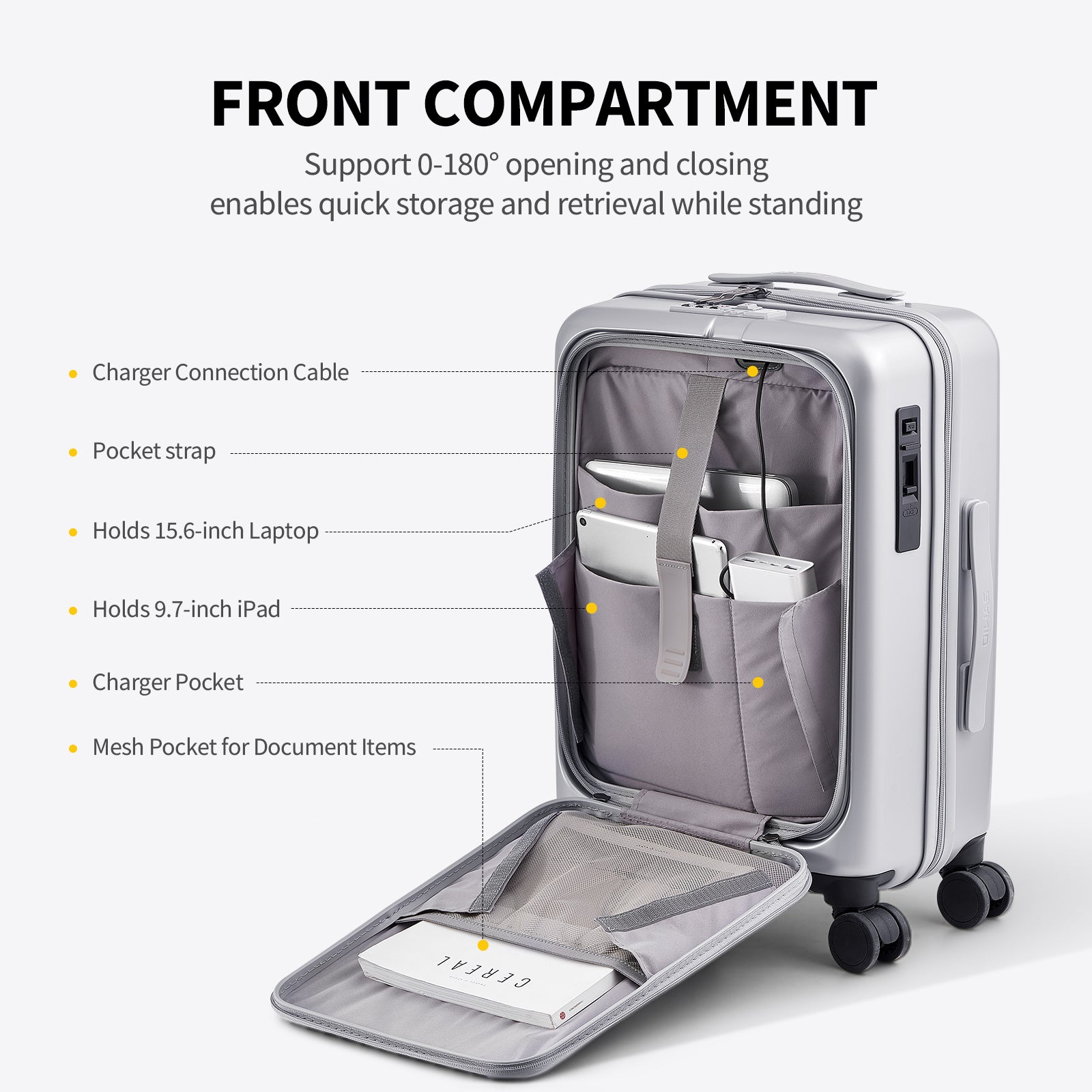 OIWAS SMOOTH Series Front Opening 20”Carry On Luggage: support 0-180° opening and closing, enable quick stoge and retrieval while standing