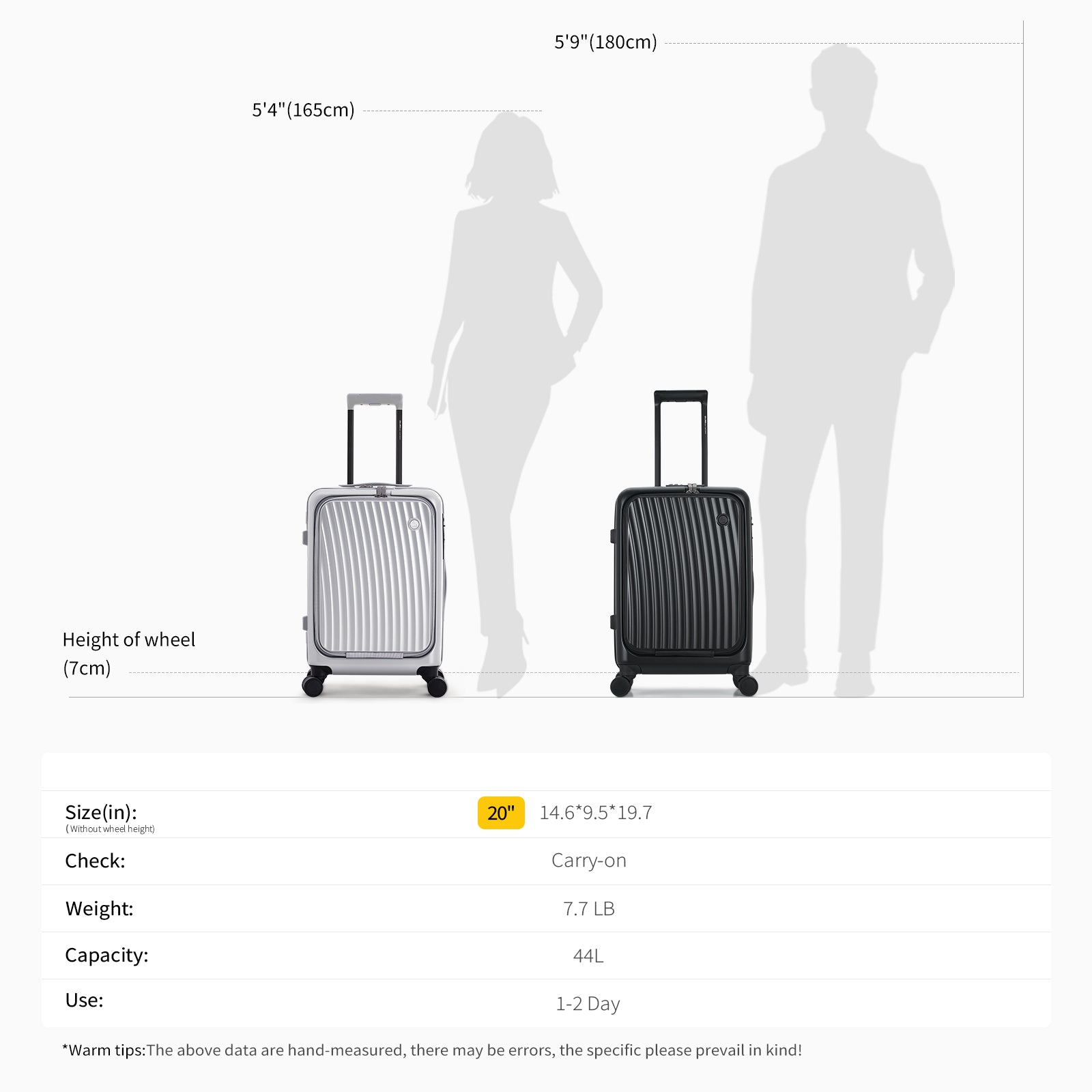 OIWAS SMOOTH Series Front Opening 20”Carry On Luggage: size 14.6" * 9.5" * 19.7", weight 7.7LB, capacity 44L