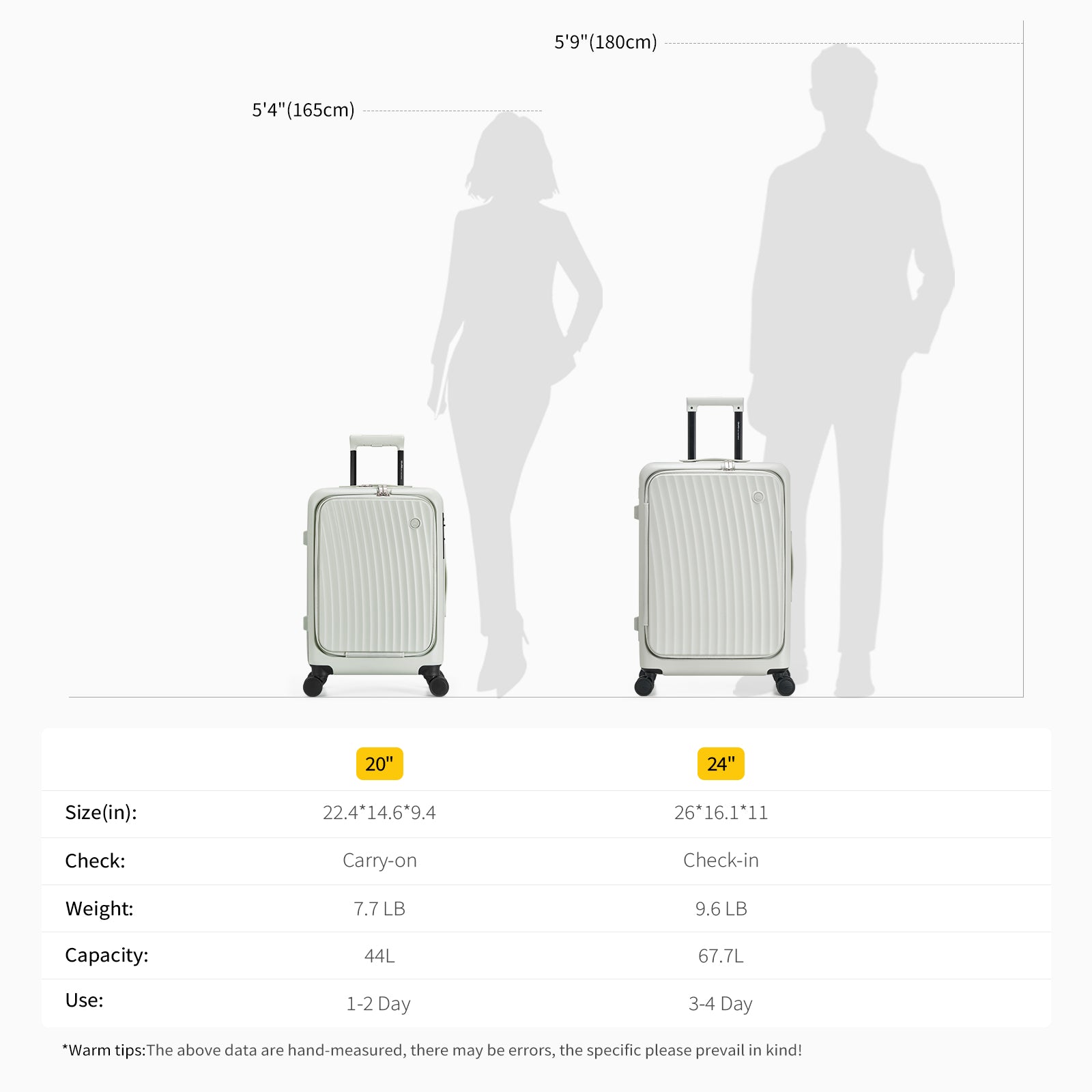 OIWAS SMOOTH Series Front Opening 20”Carry On Luggage: size 14.6" * 9.5" * 19.7", weight 7.7LB, capacity 44L