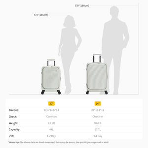 OIWAS SMOOTH Series Front Opening 20”Carry On Luggage: size 14.6" * 9.5" * 19.7", weight 7.7LB, capacity 44L