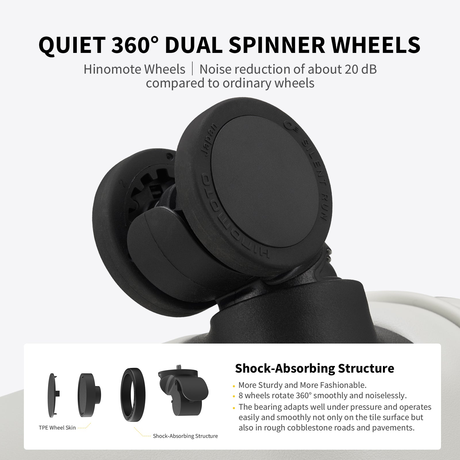 OIWAS SMOOTH Series Front Opening 20”Carry On Luggage: made with high-quality hinomoto quiet wheels, noise reduction of 20 dB compared to ordinary wheels