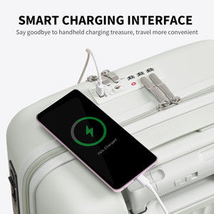 OIWAS SMOOTH Series Front Opening 20” white Carry On Luggage: with smart charging interface, say goodbye to handle charging treasure, travel more convenient