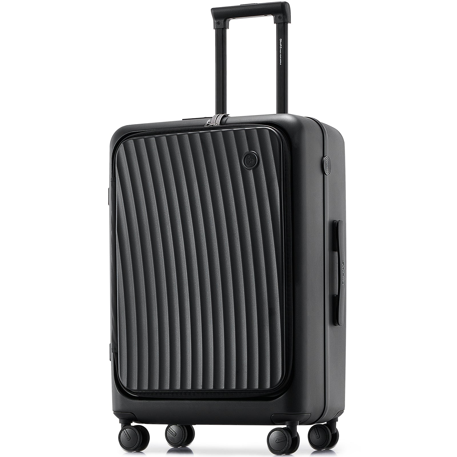 OIWAS SMOOTH Series 24" front-opening black check-in luggage in matte finish, featuring full-zip front panel for fast access to essentials.
