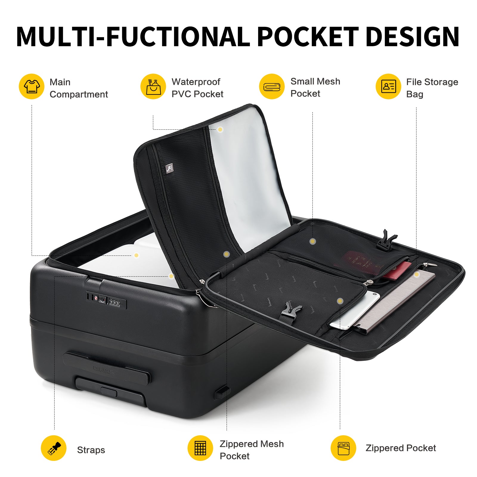 OIWAS SMOOTH Series 24" front-opening check-in luggage: mutil-functional pocket design, 7 compartments for smart storage